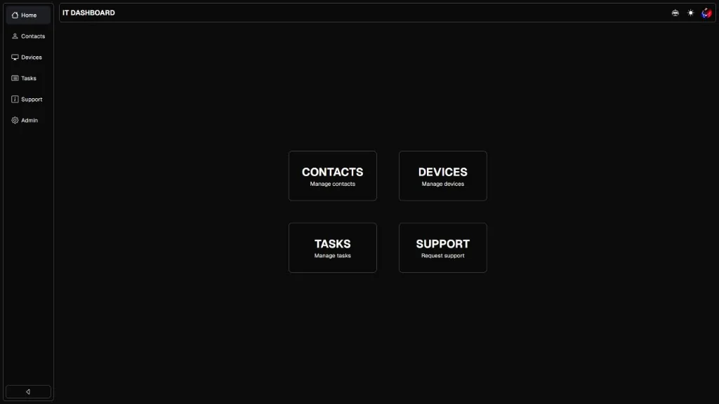IT Dashboard - sidebar with home, contacts, devices, tasks, support, admin and four entry tiles