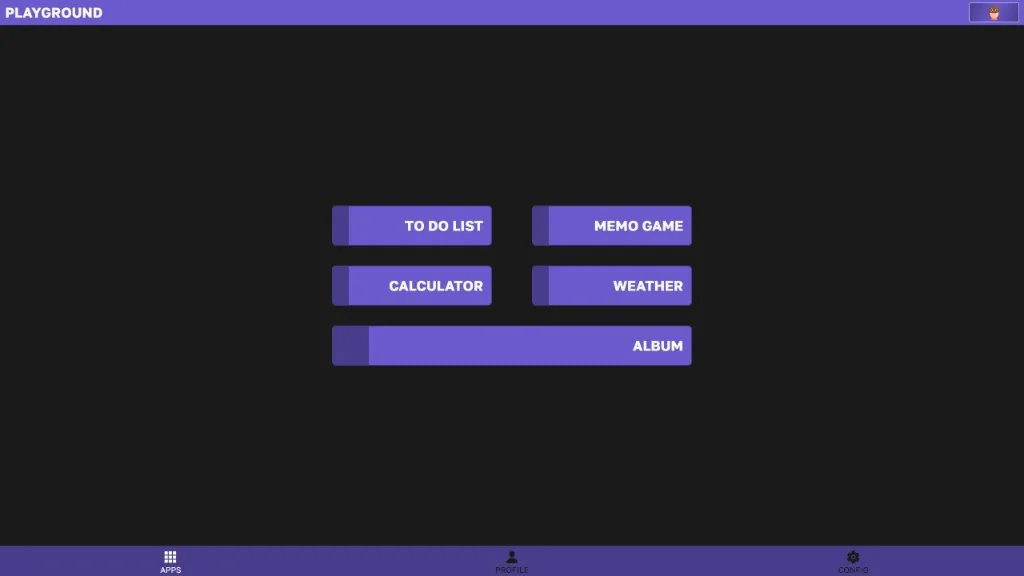 Playground - purple mobile-style app launcher with todo, memo game, calculator, weather and album