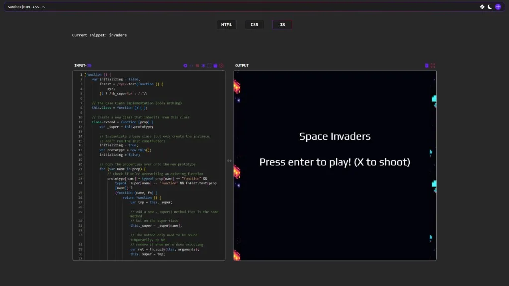 SandBox - HTML, CSS and JS playground with live preview running Space Invaders