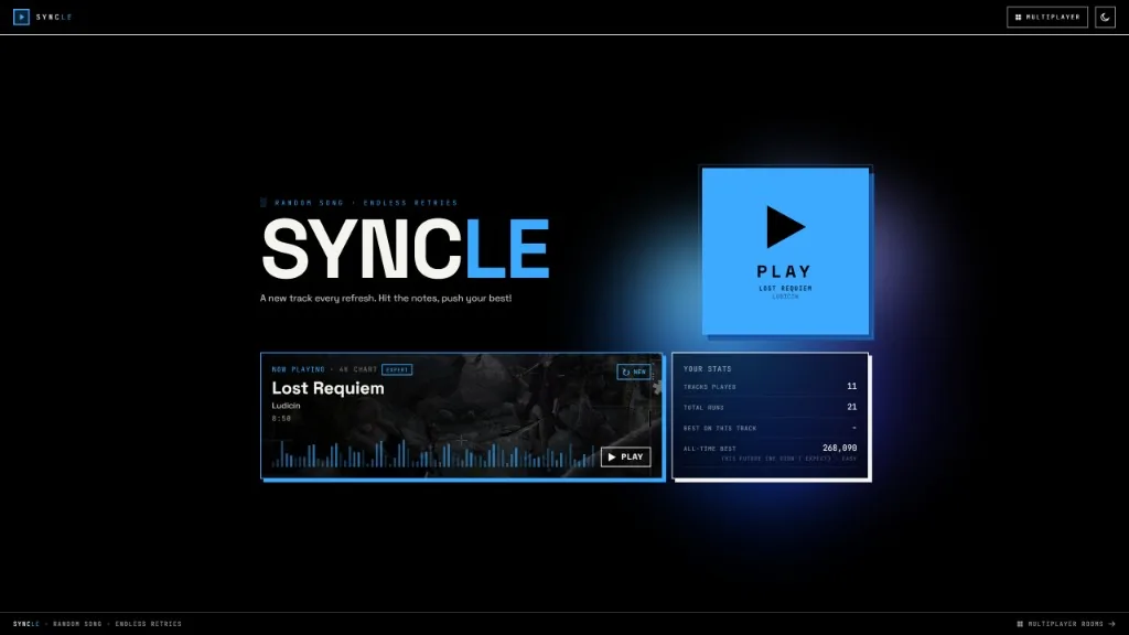 Syncle - blue rhythm-game home screen with track preview and player stats